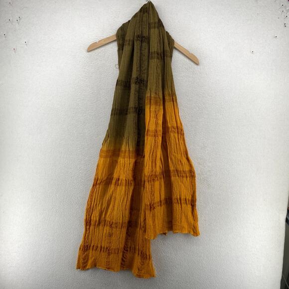 EILEEN FISHER Scarf Wool Crinkle Gauze Ombre Check Wrap Green Orange 18" x 80" - Picture 4 of 10
